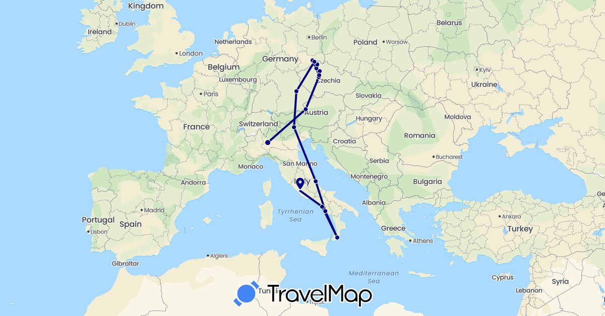 TravelMap itinerary: driving in Austria, Czech Republic, Germany, Italy (Europe)